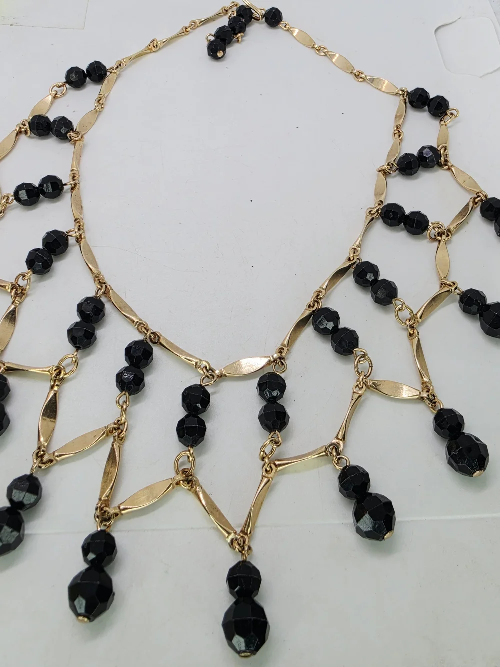 Vintage Art Deco Revival Black Glass Bead Festoon Collar Gold Tone Lattice Fring